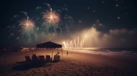 Fireworks on the beach at night.3d rendering and illustration.の素材
