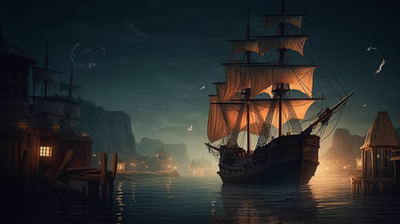 Sailing ship in the sea at night. 3D rendering.の素材