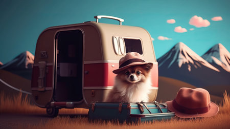 Pomeranian dog with suitcases and hat on the road.の素材