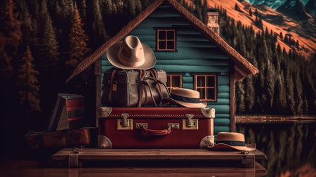 Vintage suitcase with cowboy hat on the background of a wooden house.の素材