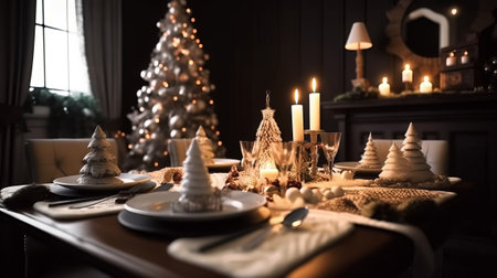 Beautiful Christmas table setting. Decorated with Christmas tree and candles.の素材