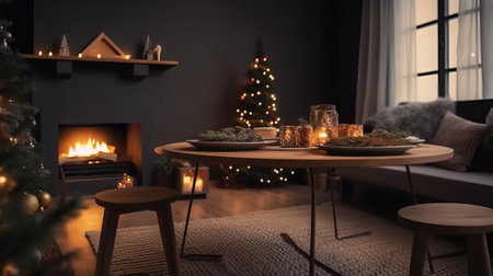 Cozy living room with Christmas tree and fireplace. Winter holiday conceptの素材