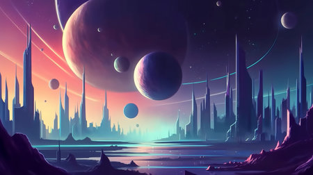 Fantasy landscape with planet, nebula and moon. 3d illustrationの素材
