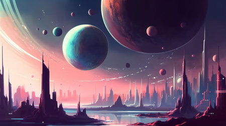 Fantasy alien planet in space. 3D illustration. Fantasy landscape.の素材