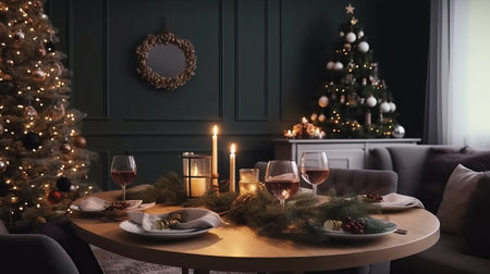 Christmas dinner in the living room with Christmas tree and decorations. 3d rendering.の素材
