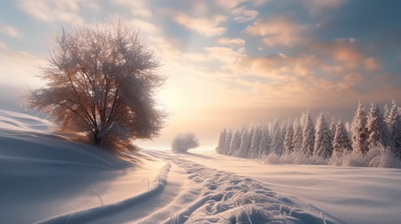 Winter landscape with snowy road and trees at sunset. 3d renderの素材