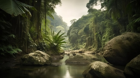 Tropical rainforest with a stream flowing through the rocks.の素材