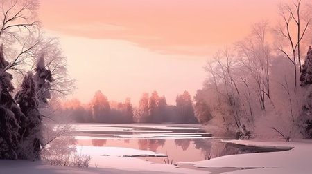 Winter landscape with a frozen lake and trees in the fog at sunriseの素材