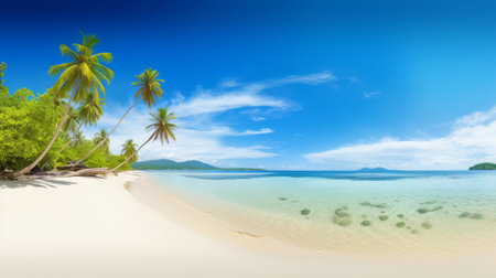 tropical beach with coconut palm trees and blue sky. 3d renderingの素材