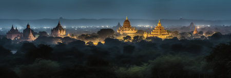 Panorama of Bagan temples at night, Myanmar (Burma)の素材