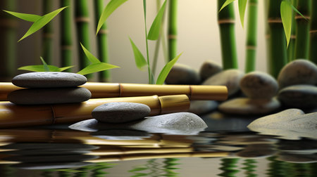 zen stones and bamboo on the water, 3d render illustration.の素材