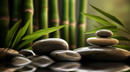 zen basalt stones and bamboo on the water, 3d illustrationの素材