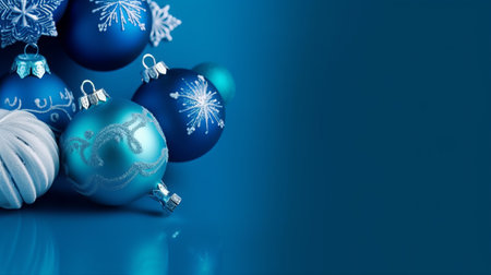 3D illustration of blue christmas baubles over blue backgroundの素材