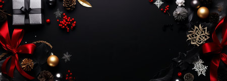 Christmas and New Year background with gift boxes, ribbons, snowflakes, pine cones, red berries on a black background.の素材