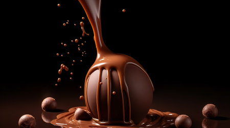 Chocolate splash and chocolate balls on black background. 3d renderingの素材