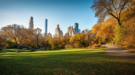 Central Park in New York City with skyscrapers in the backgroundの素材
