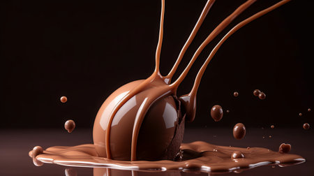 Chocolate splashing on a dark background, close-up.の素材