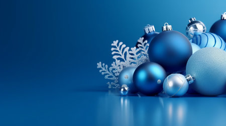 Blue christmas balls and snowflakes on blue background 3D renderingの素材