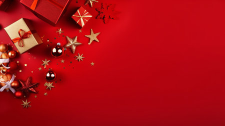 Christmas and New Year decoration on red background. Top view with copy spaceの素材