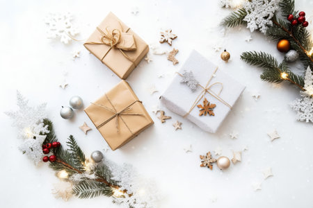 Christmas or New Year composition. Gifts, fir branchesrations on white background. Flat lay, top view, copy spaceの素材