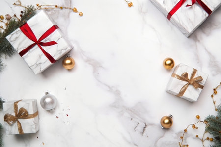 Christmas or New Year composition. White gift boxes with red ribbons, golden balls and fir branches on white marble background. Flat lay, top view, copy spaceの素材