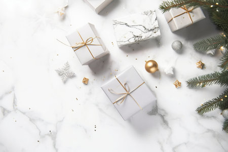 Christmas composition. Gifts, fir branches and decorations on white marble background. Flat lay, top view, copy spaceの素材