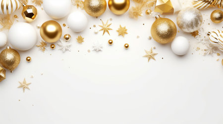 Christmas background with golden and white baubles and snowflakesの素材