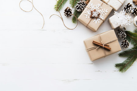 Christmas background. Festive decoration on white wooden table. Top view with copy spaceの素材
