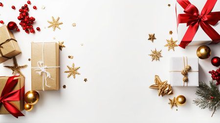 Christmas or New Year composition. Giftsrations on white background. Flat lay, top view, copy spaceの素材