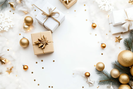 Christmas composition. Gifts, christmas decorations on white background. Flat lay, top view, copy spaceの素材