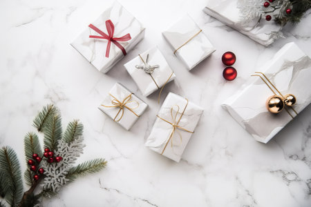 Christmas and New Year gift boxes on white marble background, top viewの素材
