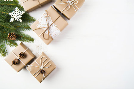 Christmas gift boxes on white wooden background. Top view with copy spaceの素材