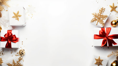 Christmas background. White gift boxes with red ribbon and golden christmas balls on white background. Top view, flat lay, copy spaceの素材