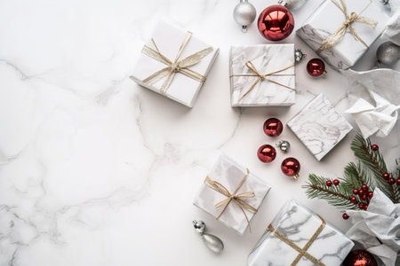 Christmas background with gift boxes and decorations on white marble table. Flat lay, top view.の素材