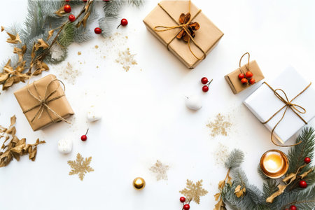Christmas or New Year composition. Flat lay, top view Xmas holiday backgroundの素材