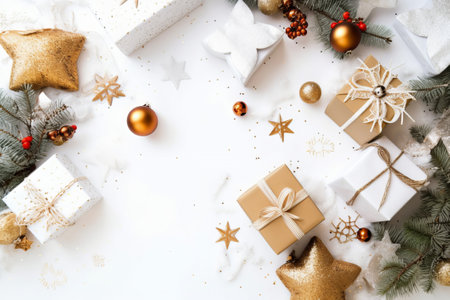 Christmas composition. Gifts, christmas decorations on white background. Flat lay, top view, copy spaceの素材