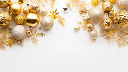 Christmas and New Year background. Golden and white Christmas decorations on white background.の素材
