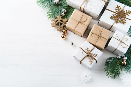 Christmas gift boxes on white wooden background. Top view with copy space.の素材