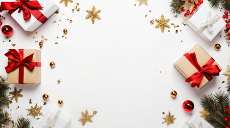 Christmas background with gift boxes, fir branches, golden snowflakes on white. Flat lay, top view, copy spaceの素材
