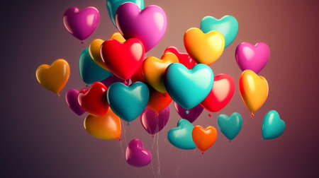 Colorful heart-shaped balloons flying in the air. 3D renderingの素材