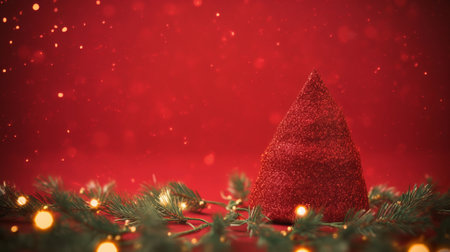 Christmas tree with red hat on a red background with bokehの素材