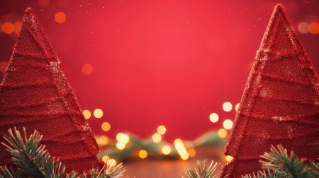 Christmas background with fir tree and decoration on red bokeh backgroundの素材
