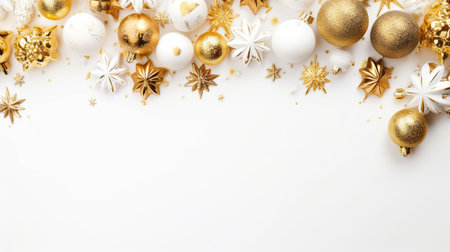 Christmas and New Year background. Golden and white decorations on a white background.の素材