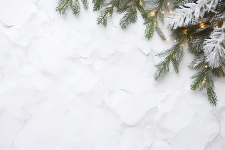 Christmas tree branches on white marble background. Flat lay, top viewの素材