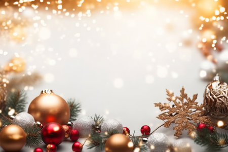 Christmas background with decorations and bokeh lights. Copy space.の素材