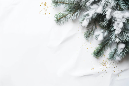 Christmas background with fir tree branches and golden confetti. Top view with copy spaceの素材