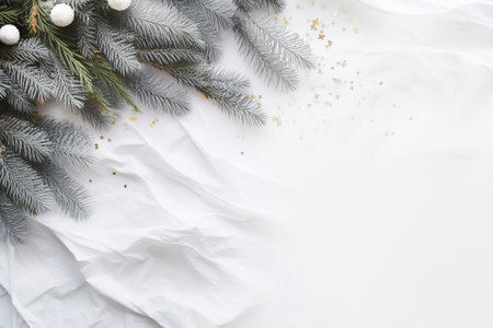 Christmas background with fir branches and snowflakes on white fabric.の素材