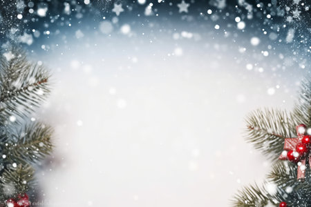Christmas background with fir branches and snowflakes. Copy space.の素材
