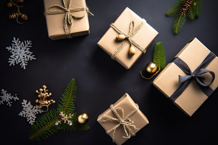 Christmas gift boxes and decorations on black background. Top view with copy spaceの素材