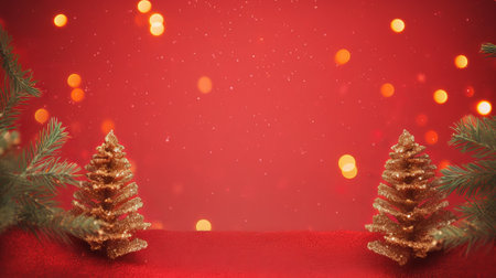 Christmas background with golden pine tree and bokeh lights on red backgroundの素材